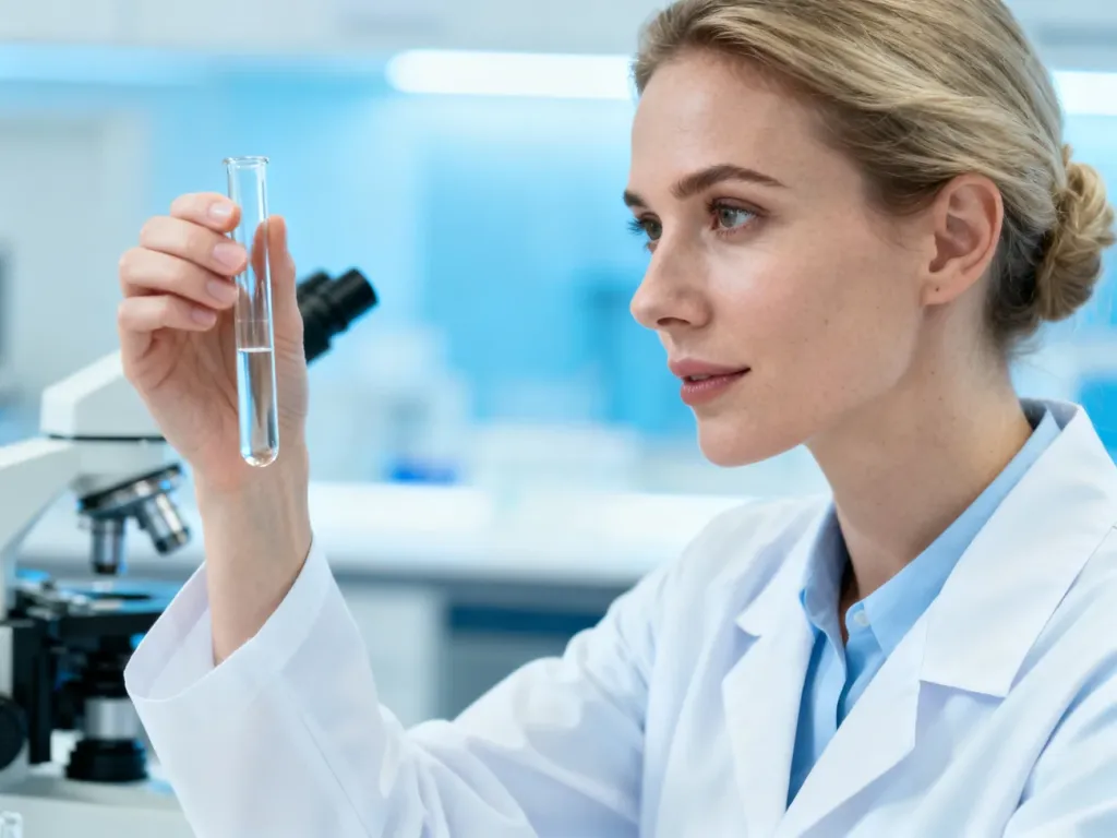Lekarka w białym kitlu trzyma probówkę w nowoczesnym laboratorium medycznym, przygotowując się do analizy próbek.