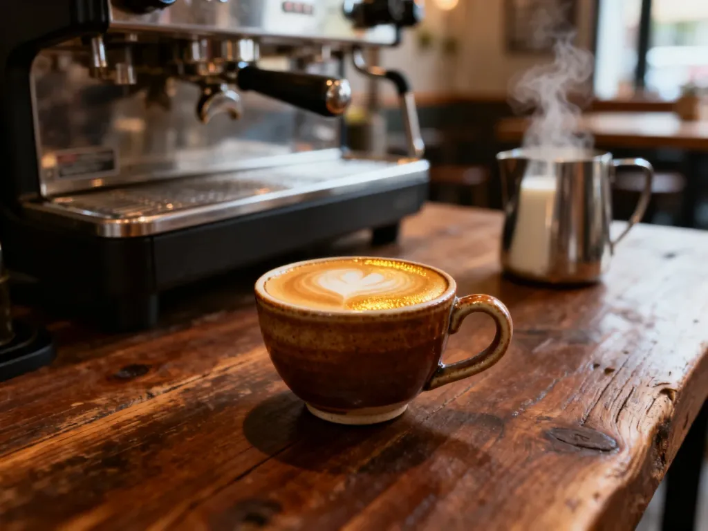 Podwójne espresso w ceramicznej filiżance z gęstą cremą, stojące na drewnianym stole w klimatycznej kawiarni.