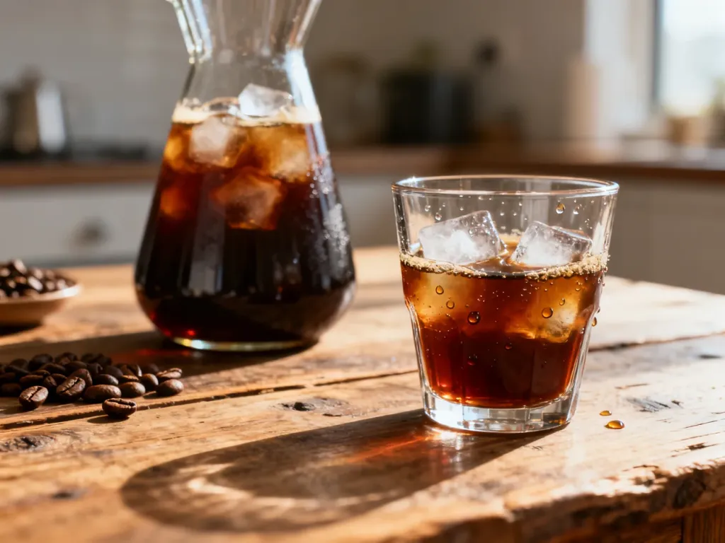 Szklana karafka z mrożoną kawą cold brew i kostkami lodu na rustykalnym stole w promieniach porannego słońca.