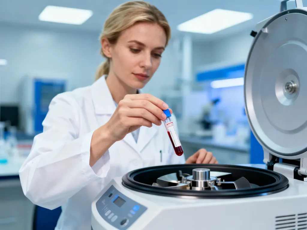 Pracownik laboratorium umieszcza próbkę krwi w wirówce w celu przeprowadzenia badania diagnostycznego.