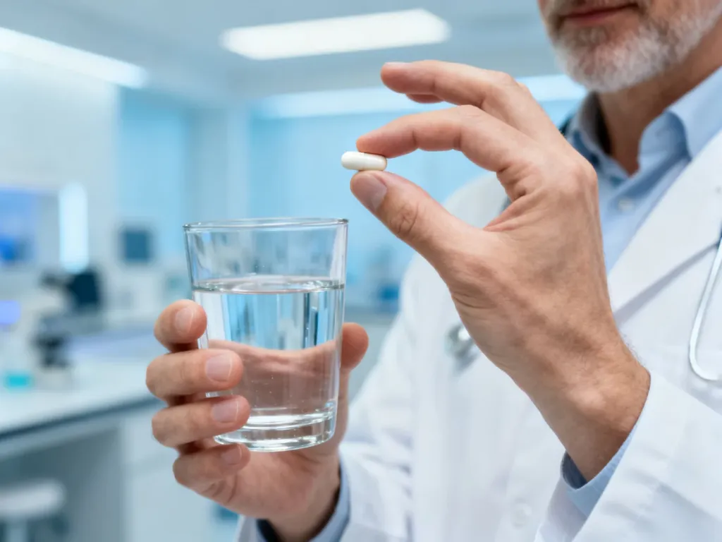 Dłoń trzymająca kapsułkę suplementu i szklankę wody na tle nowoczesnego laboratorium.