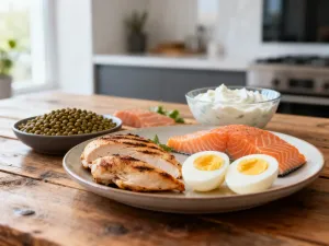 Zbliżenie na eleganckie nigiri z wyrazistą, pomarańczową ikrą tobiko w klimatycznym wnętrzu japońskiej restauracji.