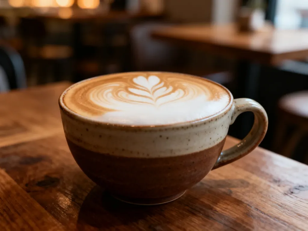 Aksamitne flat white z precyzyjnym wzorem latte art w ceramicznej filiżance na drewnianym stole.