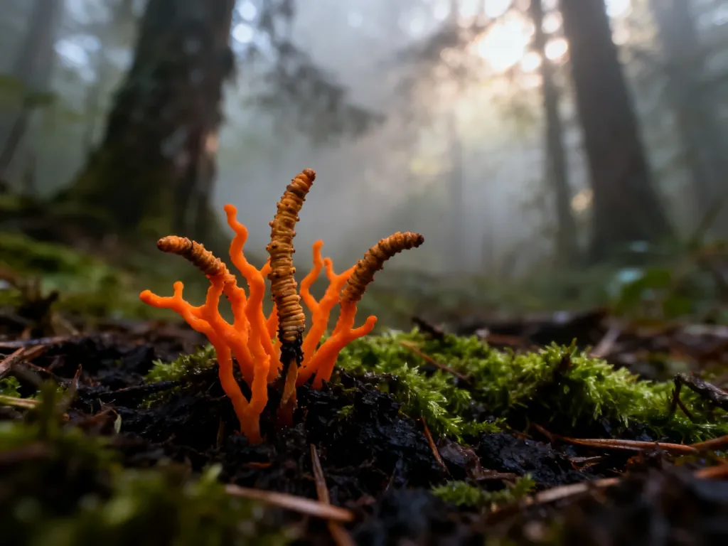 Grzyby Cordyceps rosnące na mszystym, leśnym podłożu w otoczeniu zamglonego lasu.