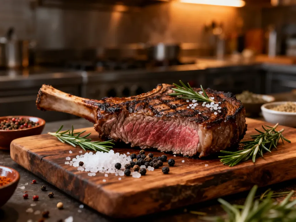 Soczysty stek ribeye na drewnianej desce, przyprawiony solą morską, pieprzem i świeżym rozmarynem.